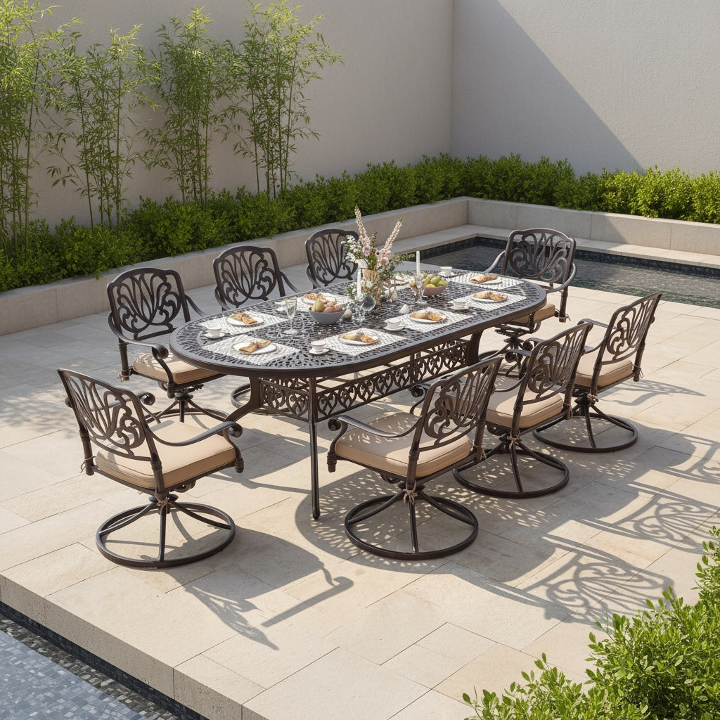 9pcs Cast Aluminum Patio Furniture, Outdoor Dining Sets for 8 Include 87" Oval Patio Dining Table And 8 Chairs with Cushions & Umbrella Hole (Bronze)