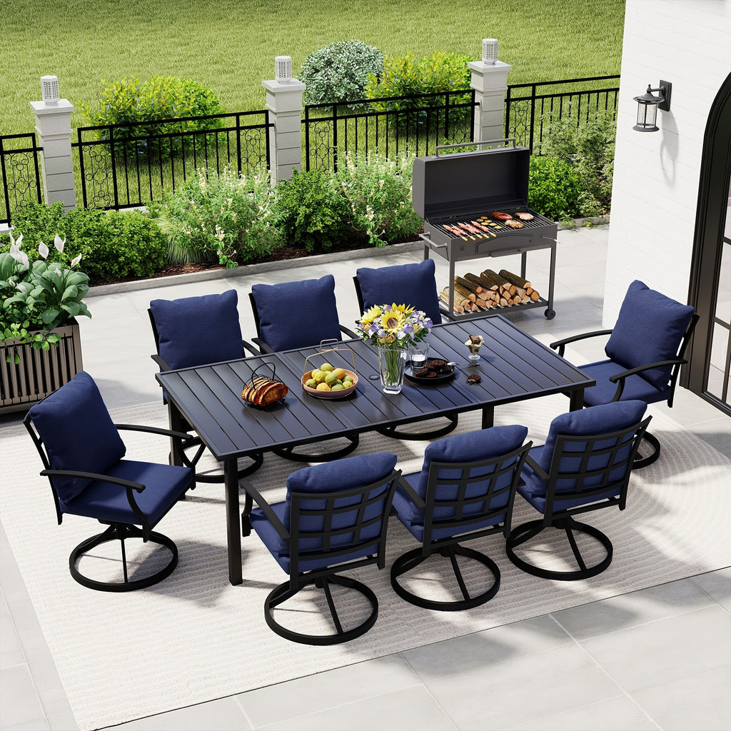 9pcs Outdoor Dining Set - Patio Dining Set for 8. Includes 1 Rectangular Table, 8 Dining Chairs with Cushions, for Lawn, Garden