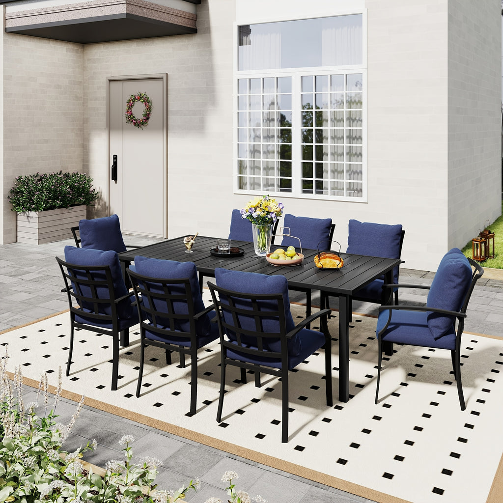 9pcs Outdoor Dining Set - Patio Dining Set for 8. Includes 1 Rectangular Table, 8 Dining Chairs with Cushions, for Lawn, Garden
