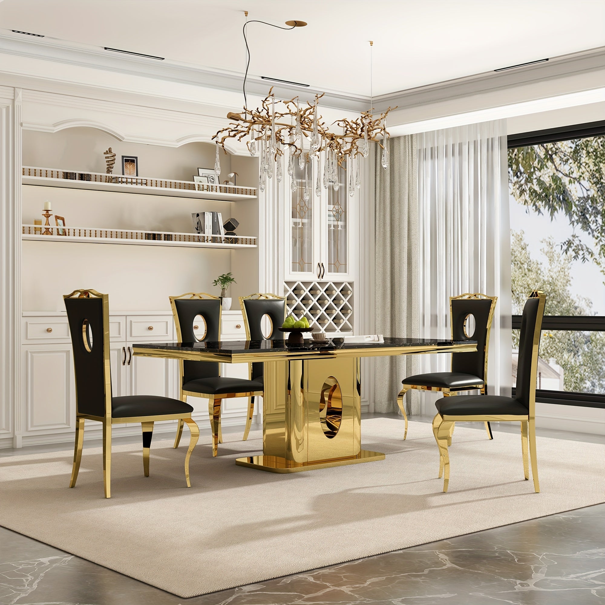 Marble Dining Table w/ Stainless Steel Base, Rectangle Dining Table with 4/6 Faux Leather Upholstered Dining Chairs for Dining Room Kitchen Living Room