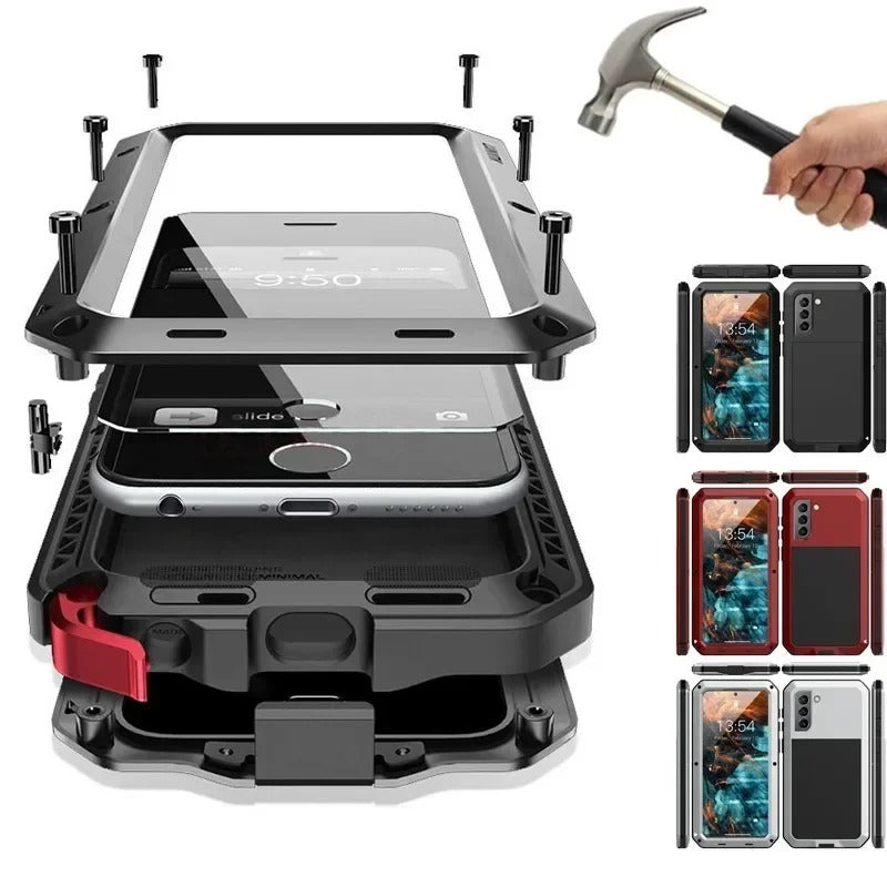 iPhone Metal Protective Case, Tempered Glass Aluminum Alloy Protective Buffer Heavy-duty Case
