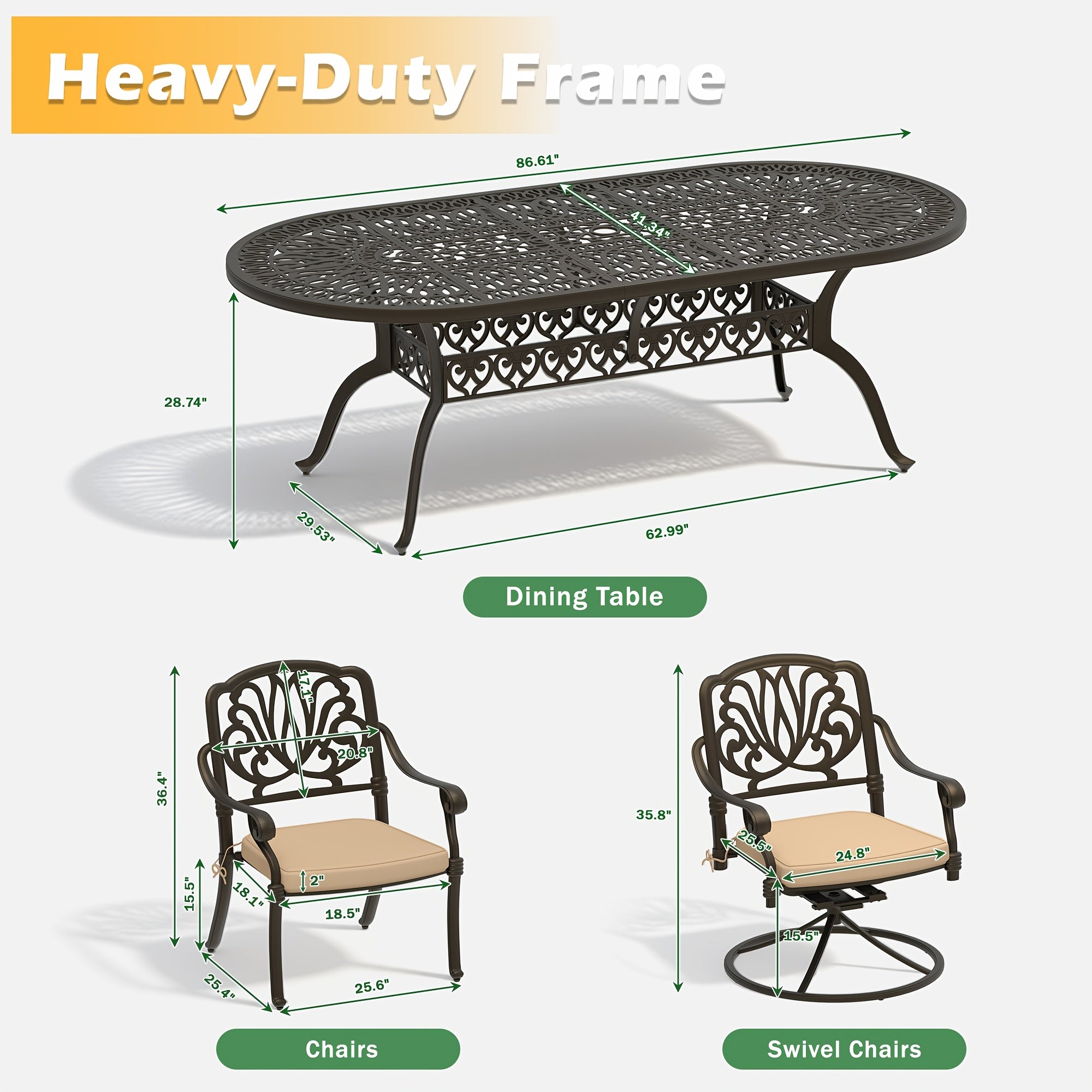 9pcs Cast Aluminum Patio Furniture, Outdoor Dining Sets for 8 Include 87" Oval Patio Dining Table And 8 Chairs with Cushions & Umbrella Hole (Bronze)
