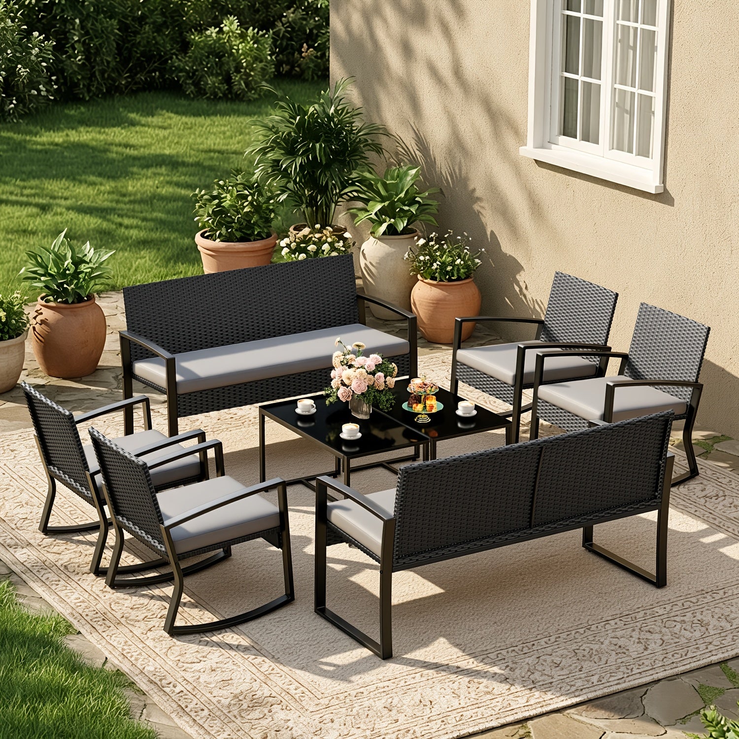 8pcs Patio Furniture Set; Outdoor Rattan Conversation Set w/ 4 Rocking Chairs, 2 Loveseats & 2 Glass Coffee Tables, Removable Cushions for Backyard, Balcony, Lawn, Poolside