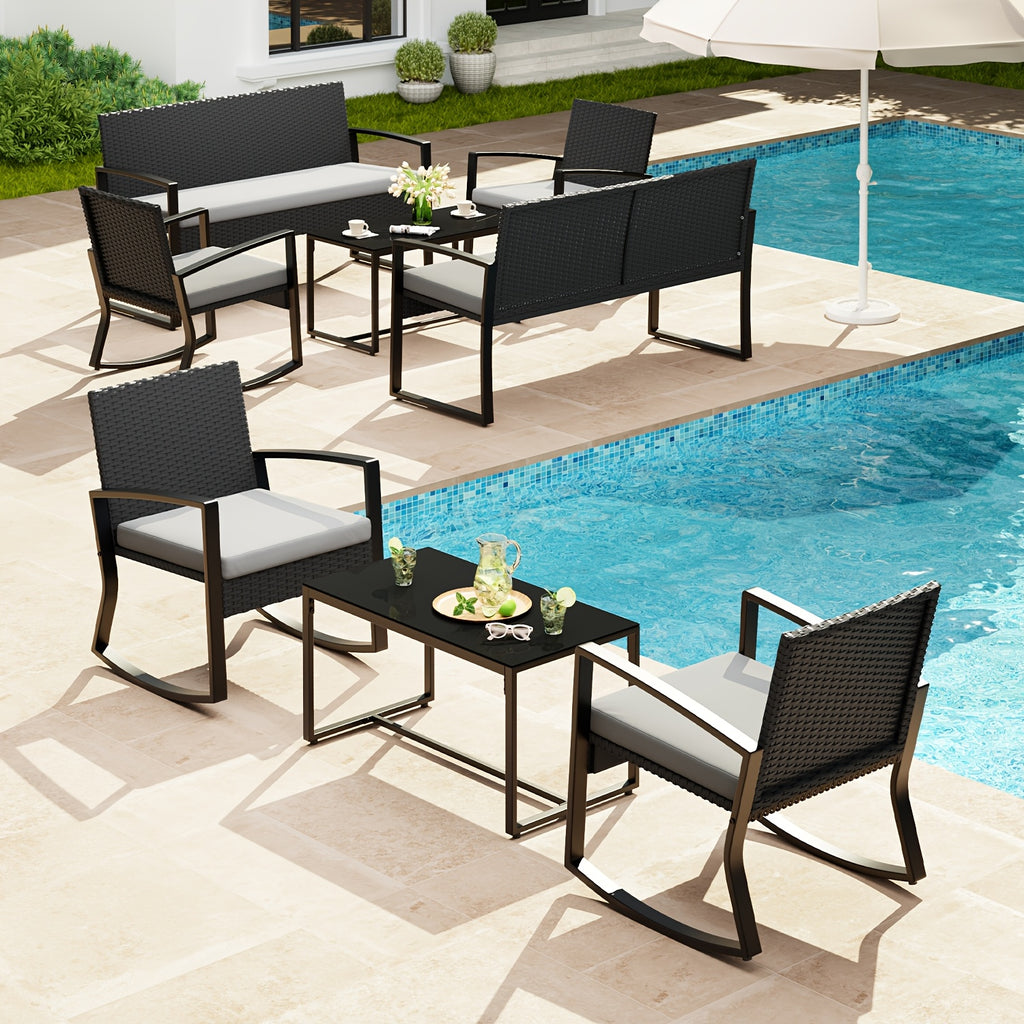8pcs Patio Furniture Set; Outdoor Rattan Conversation Set w/ 4 Rocking Chairs, 2 Loveseats & 2 Glass Coffee Tables, Removable Cushions for Backyard, Balcony, Lawn, Poolside