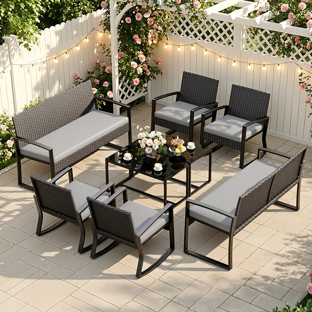 8pcs Patio Furniture Set; Outdoor Rattan Conversation Set w/ 4 Rocking Chairs, 2 Loveseats & 2 Glass Coffee Tables, Removable Cushions for Backyard, Balcony, Lawn, Poolside