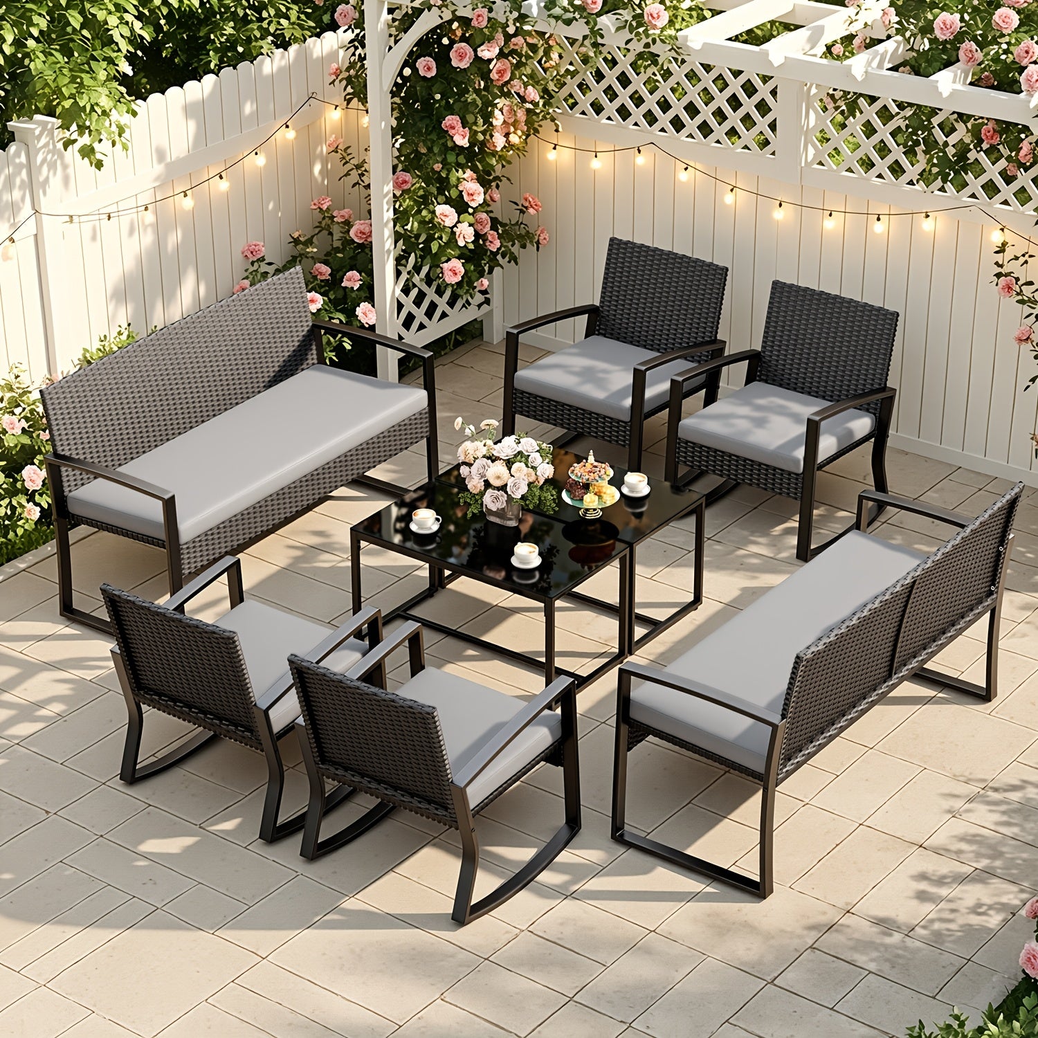 8pcs Patio Furniture Set; Outdoor Rattan Conversation Set w/ 4 Rocking Chairs, 2 Loveseats & 2 Glass Coffee Tables, Removable Cushions for Backyard, Balcony, Lawn, Poolside