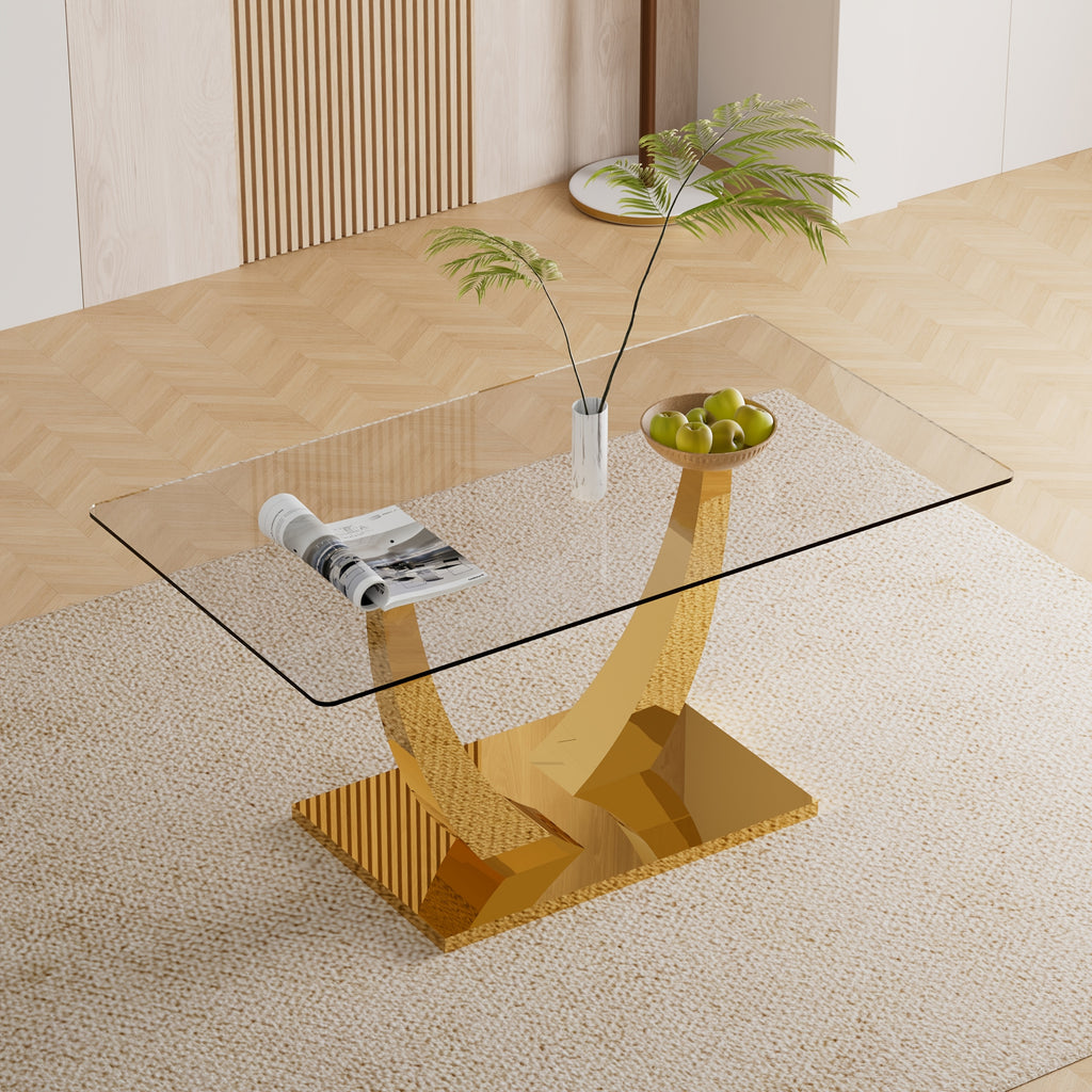 Glass Dining Table with Golden Leg w/ 6 Modern Dining Chairs Set, 63" Glass Dining Table with Golden Base for Dining Room