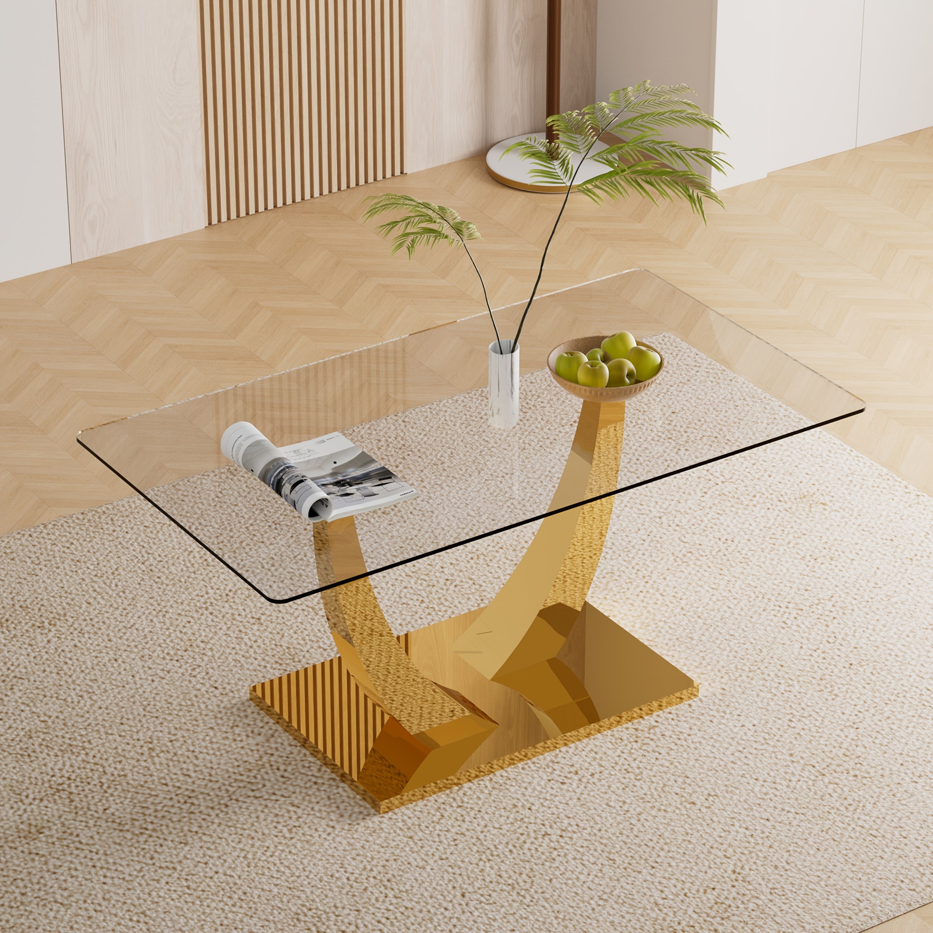 Glass Dining Table with Golden Leg w/ 6 Modern Dining Chairs Set, 63" Glass Dining Table with Golden Base for Dining Room